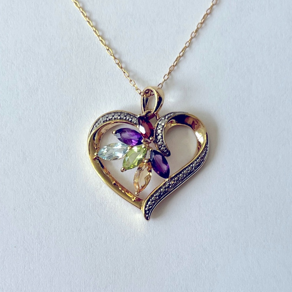 Multi-Gemstone & Diamond Heart Pendant Sterling Silver w/ 18K Gold plate.